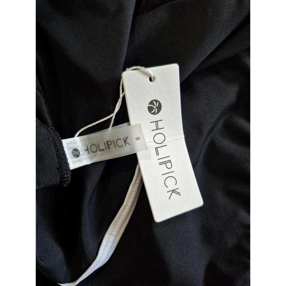 Holipick‎ Black Ruched Ruffle Off-the-Shoulder Halter One-Piece Swimsuit Womens